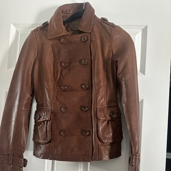 Anthropologie Leather Jacket Beautiful Brown Double Breasted Waist length XS - Picture 2 of 13